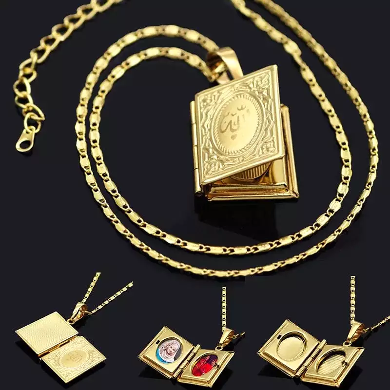 2 piece Quran book pendant necklace with photo locket box - Islamic religious jewelry, S322379268.