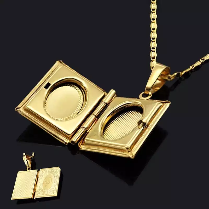 2 piece Quran book pendant necklace with photo locket box - Islamic religious jewelry, S322379268.