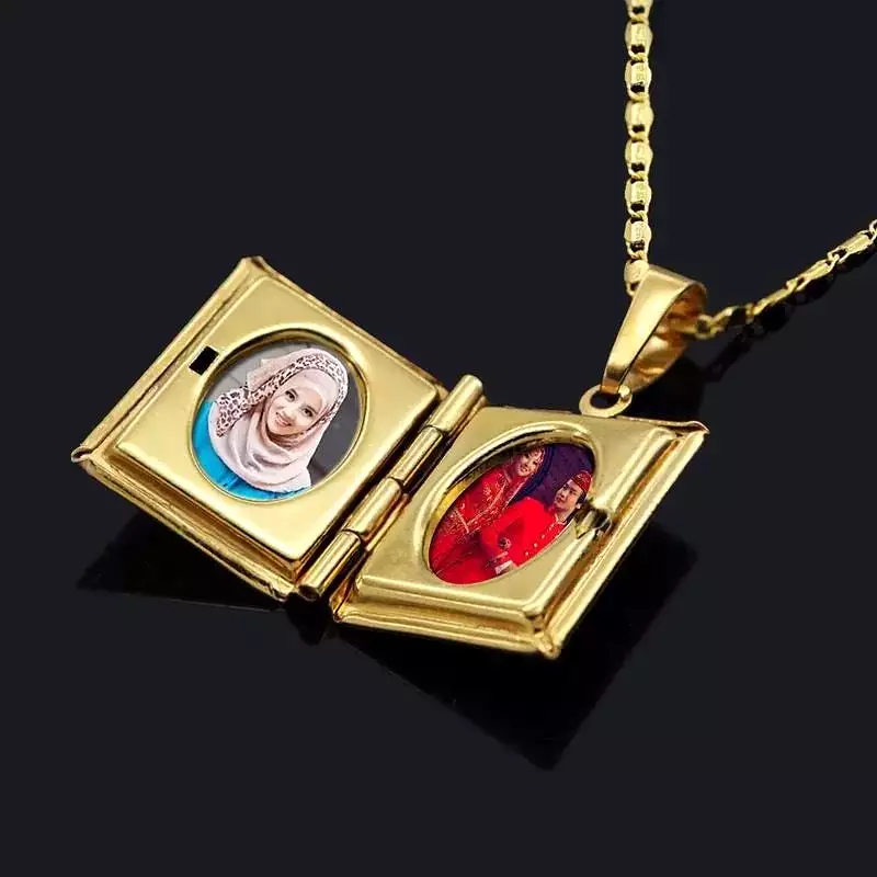 2 piece Quran book pendant necklace with photo locket box - Islamic religious jewelry, S322379268.