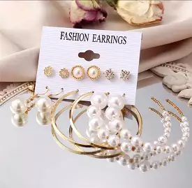 6-Piece Set of Big Gold Plated Cross Pearl Earrings for Women