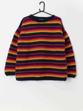 90s Vintage Pachamama Rainbow Striped Chunky Wool Jumper Medium Large