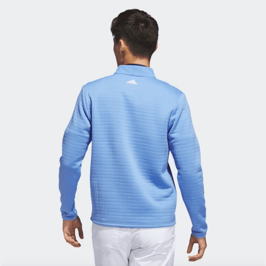 Adidas blue 1/4 zip pullover with DWR water repellency.