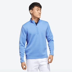 Adidas blue 1/4 zip pullover with DWR water repellency.