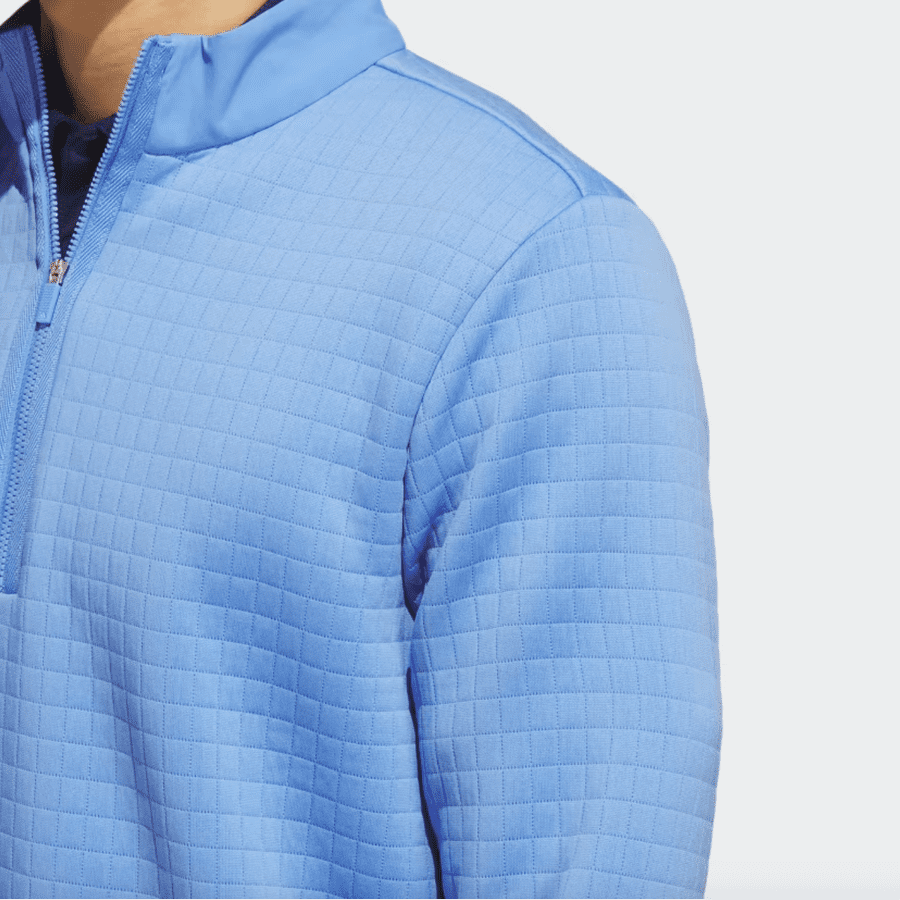 Adidas blue 1/4 zip pullover with DWR water repellency.