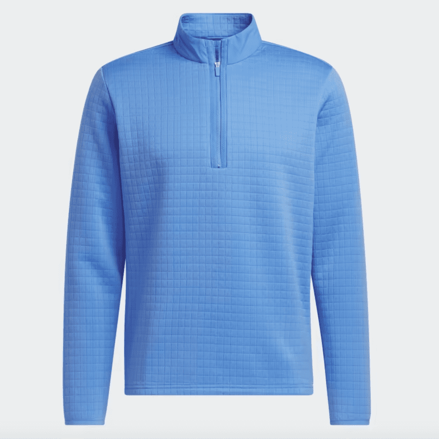 Adidas blue 1/4 zip pullover with DWR water repellency.