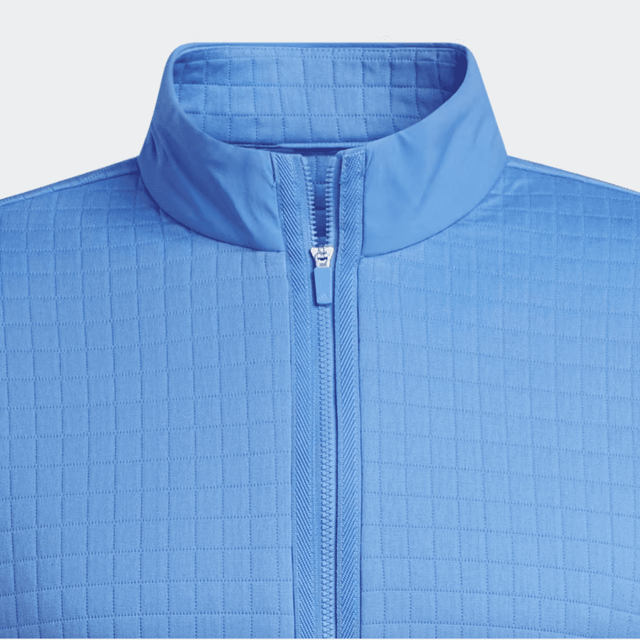 Adidas blue 1/4 zip pullover with DWR water repellency.