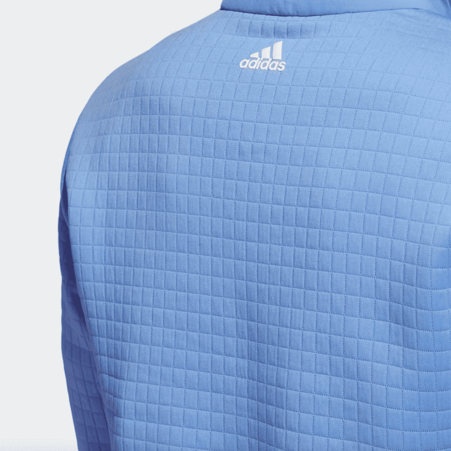 Adidas blue 1/4 zip pullover with DWR water repellency.