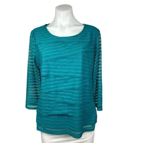 Alfani Teal Blue Sheer Striped 3/4 Sleeve Layered Round Neck Blouse Top Size L