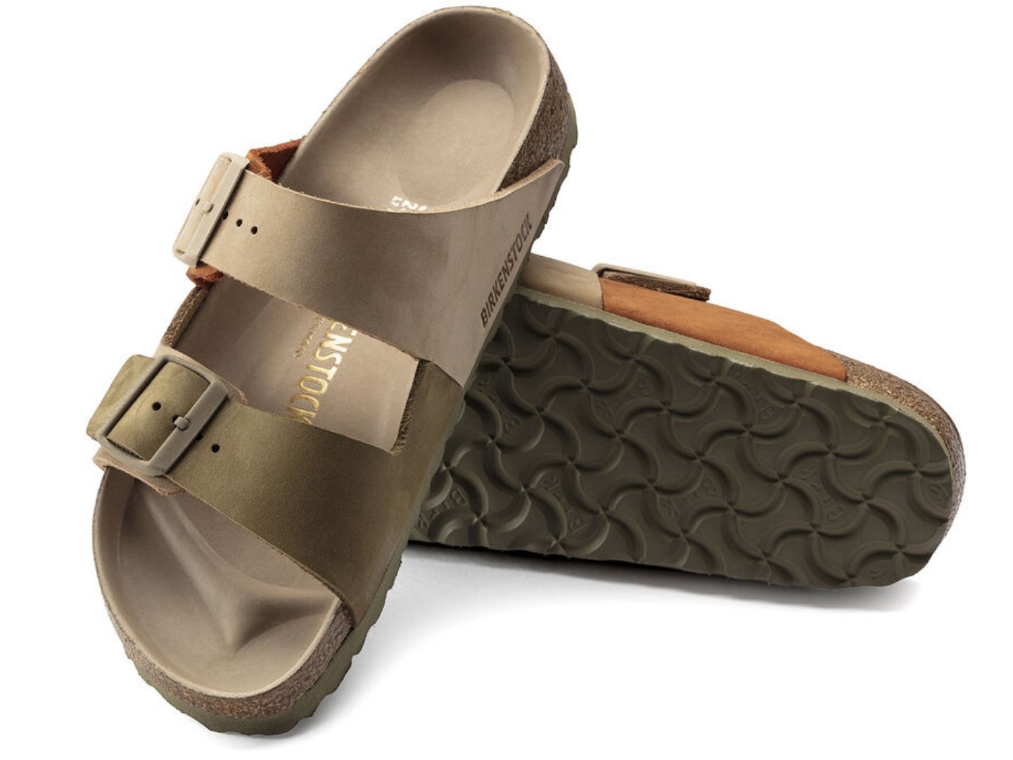 Birkenstock Arizona Sandals in Split Sandcastle and Faded Khaki.