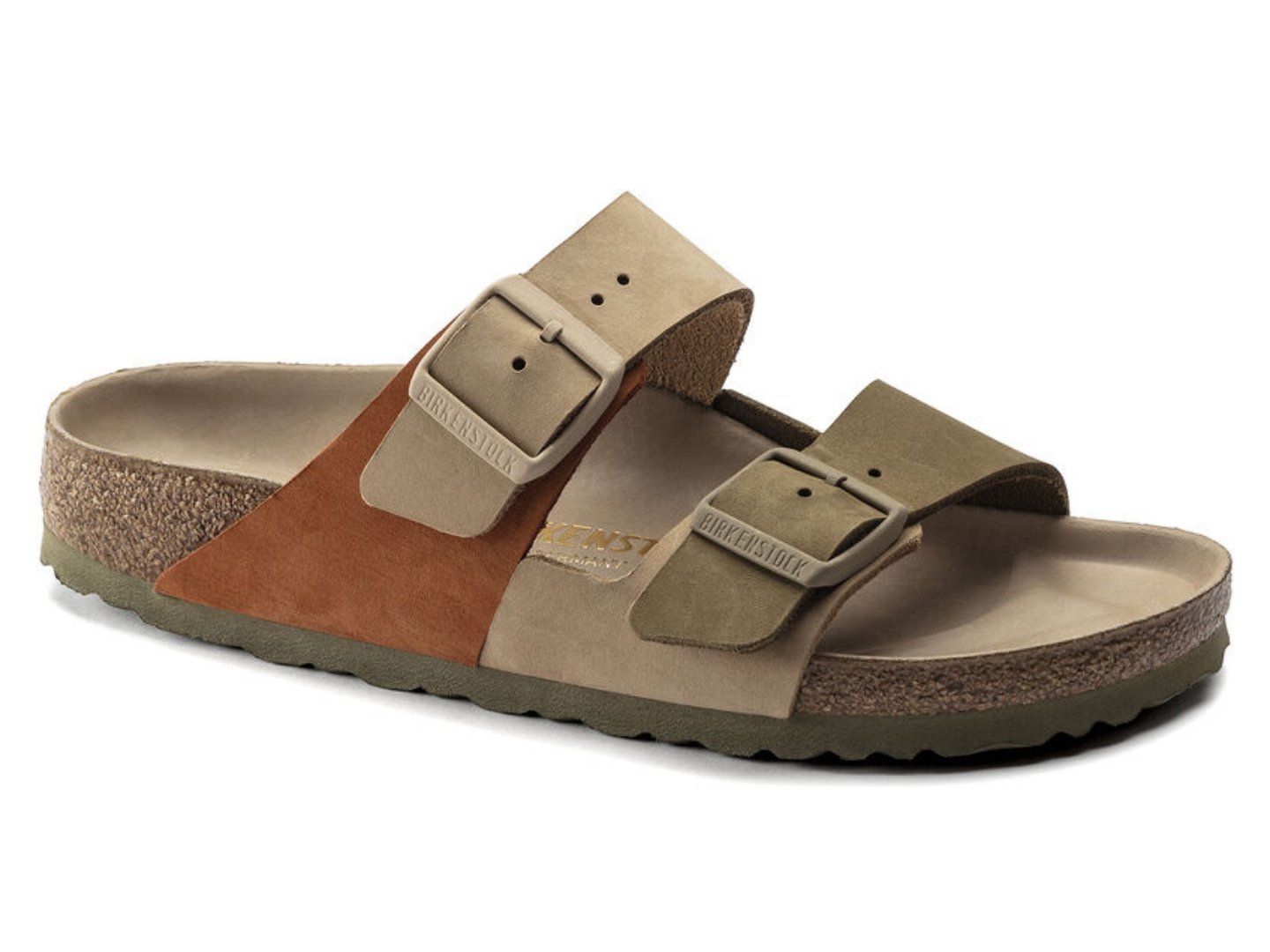 Birkenstock Arizona Sandals in Split Sandcastle and Faded Khaki.