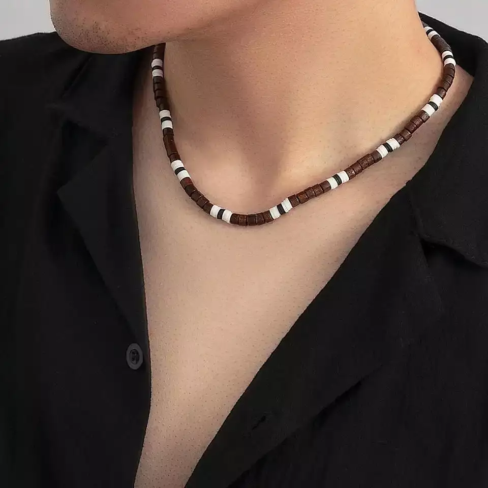 Boho Style Pottery Wood Beaded Choker Necklace for Men - Fashionable Male Jewelry