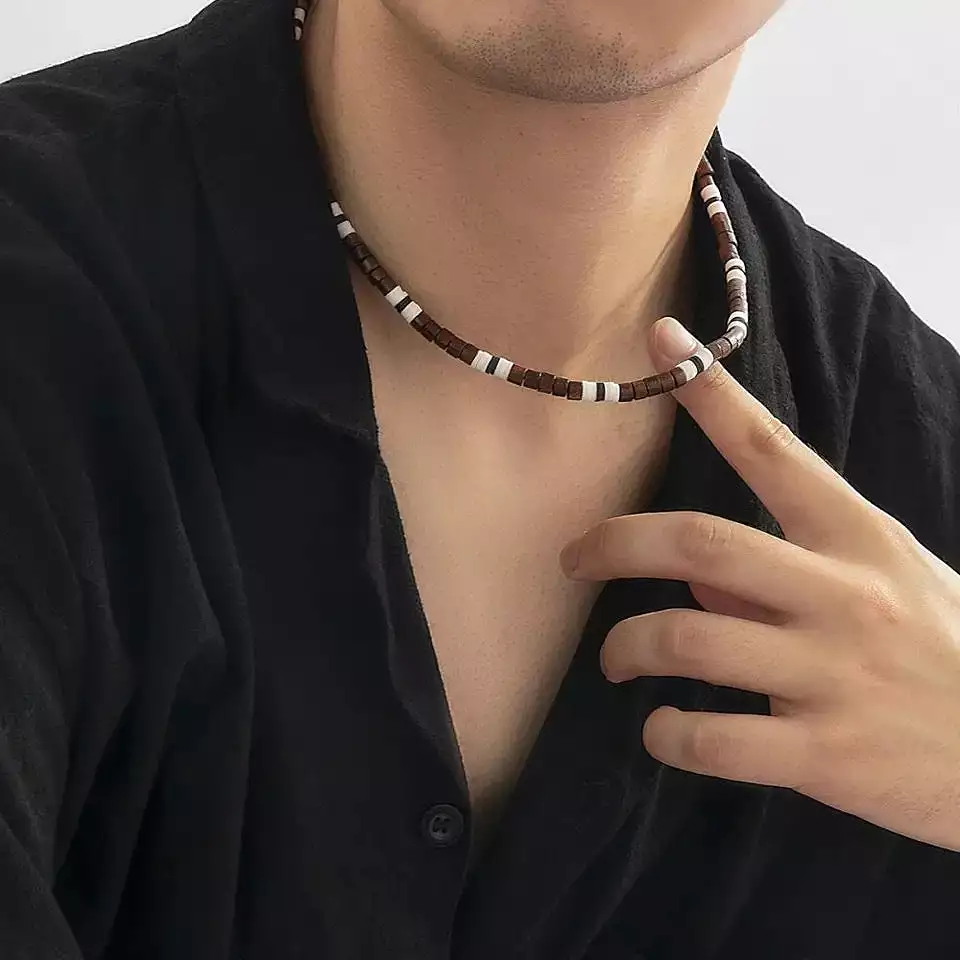 Boho Style Pottery Wood Beaded Choker Necklace for Men - Fashionable Male Jewelry