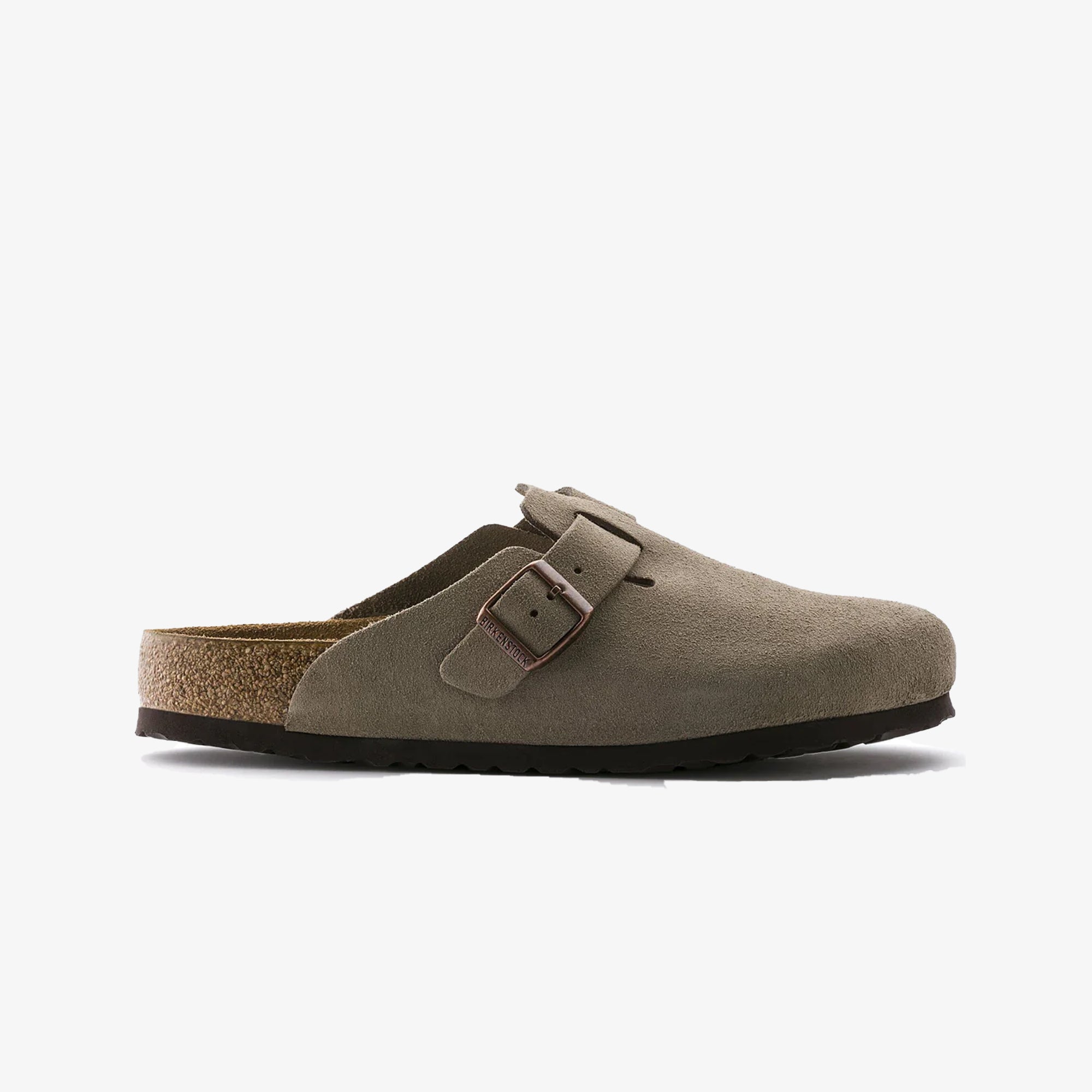 Boston Soft Footbed Suede Leather Gray Taupe Sandals