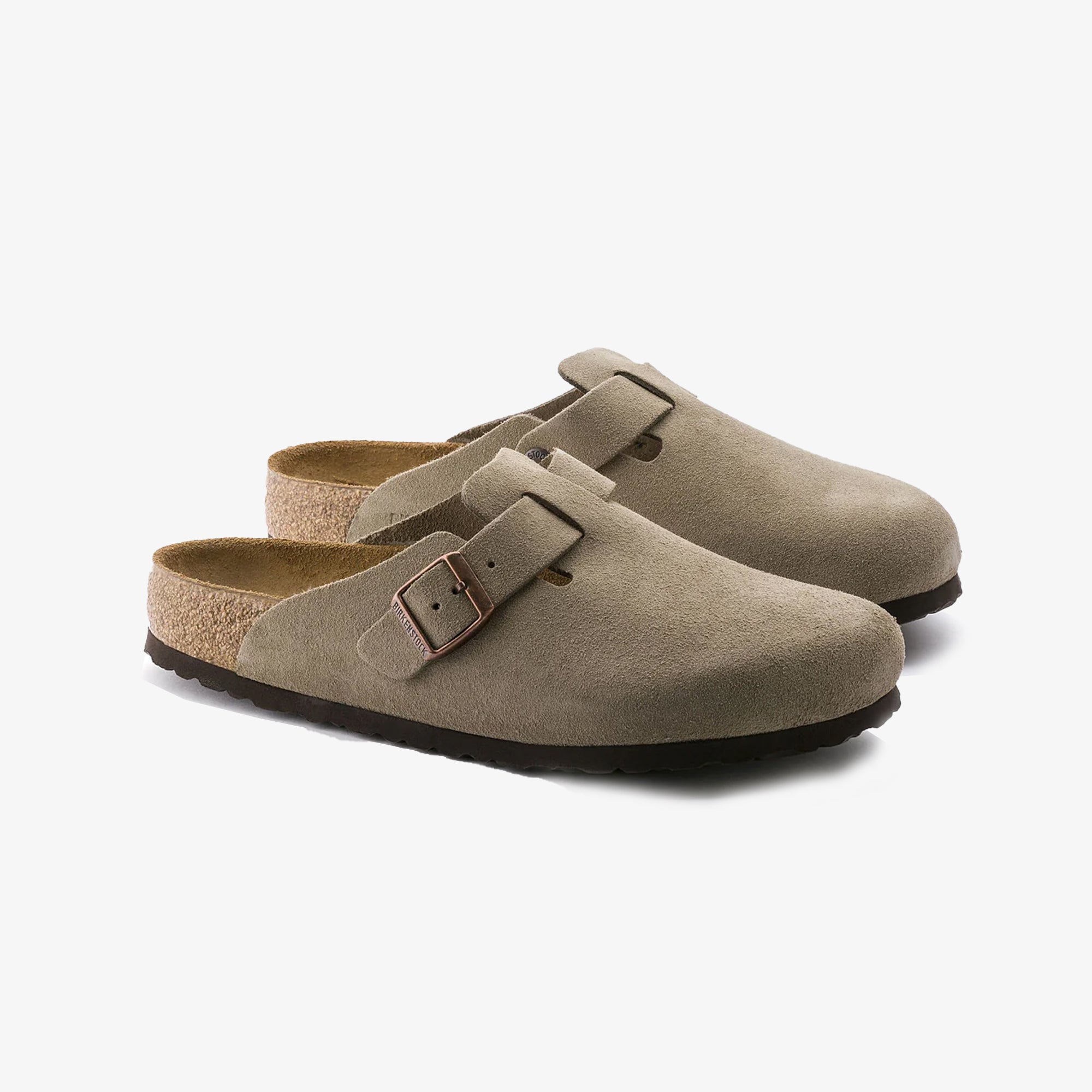 Boston Soft Footbed Suede Leather Gray Taupe Sandals