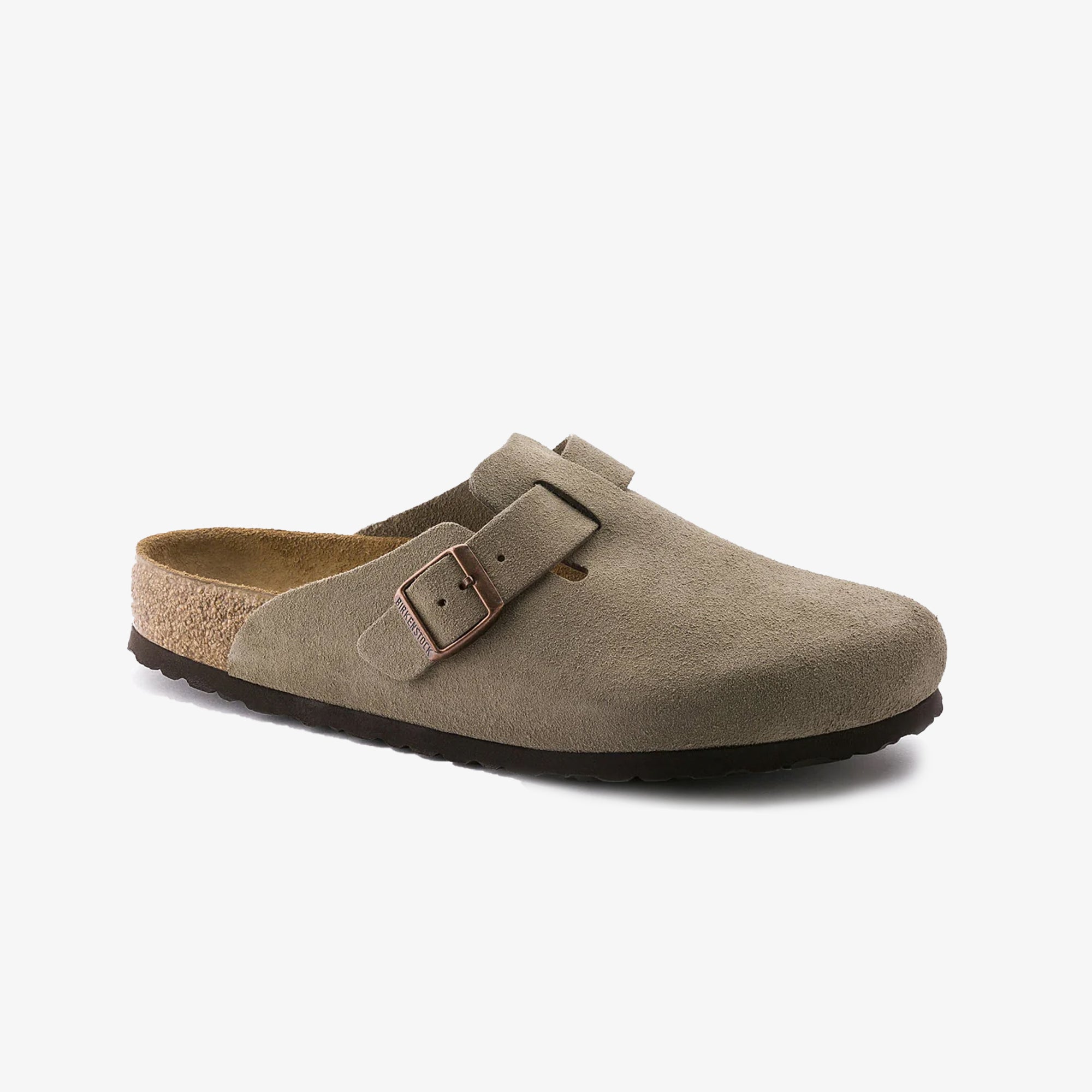 Boston Soft Footbed Suede Leather Gray Taupe Sandals