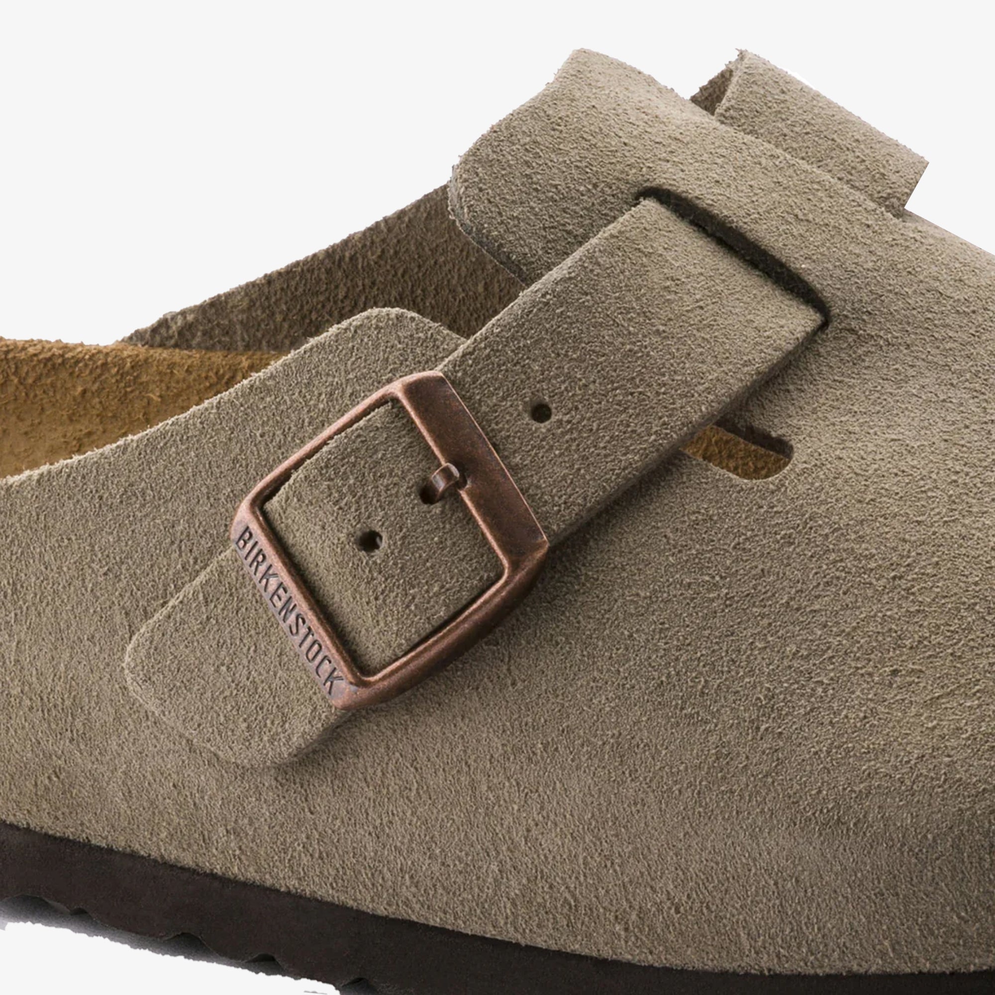 Boston Soft Footbed Suede Leather Gray Taupe Sandals