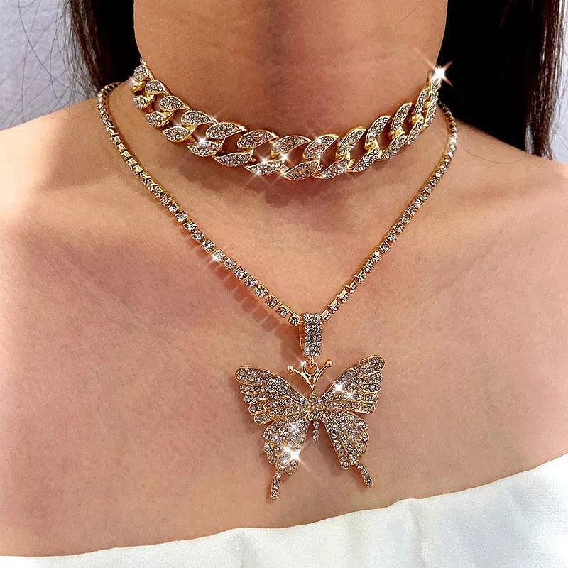 Butterfly pendant necklace with rhinestones