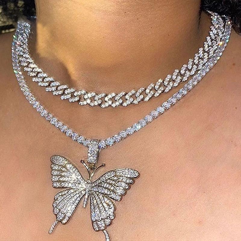 Butterfly pendant necklace with rhinestones