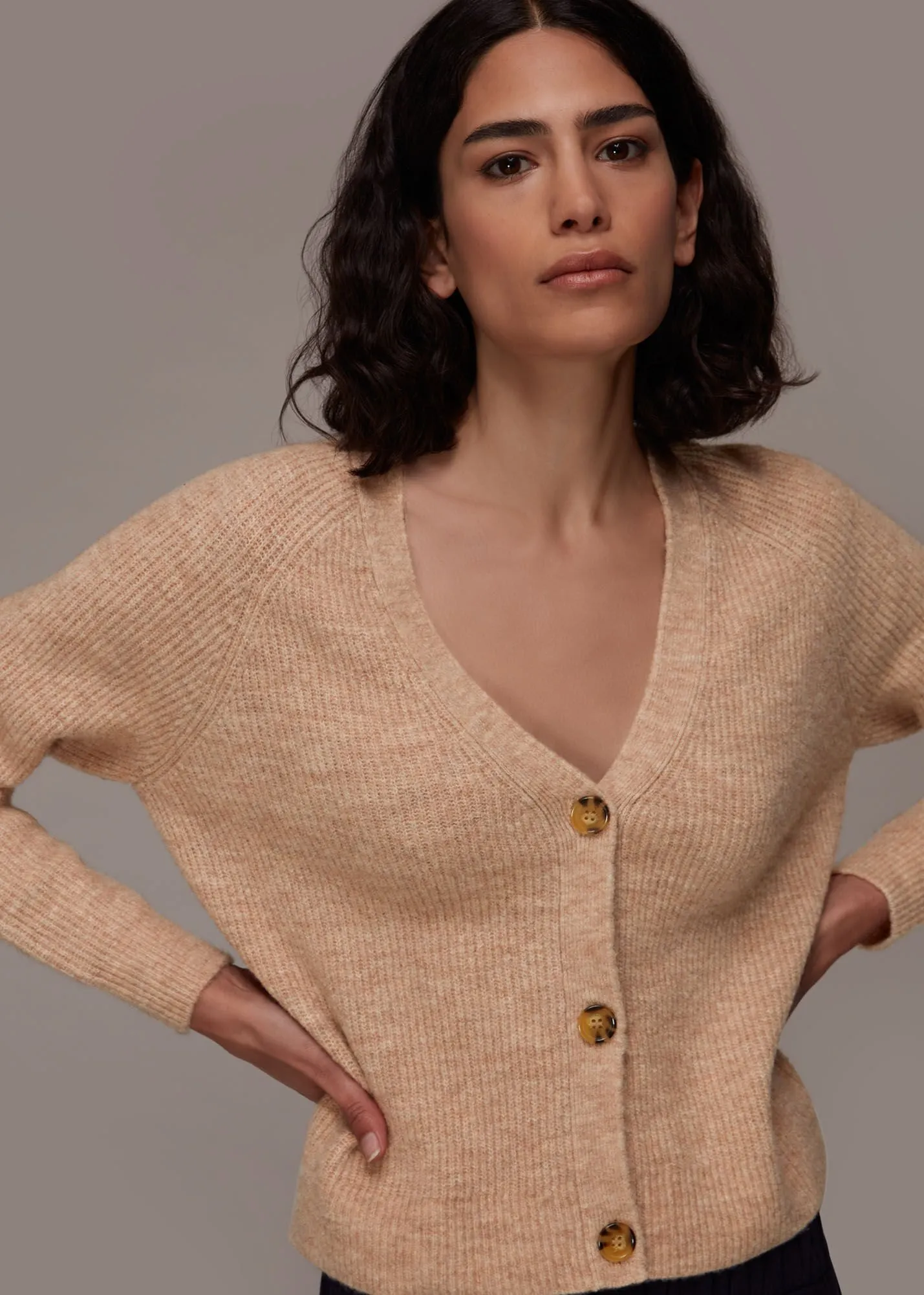 Camel Rib Textured Wool Mix Cardigan