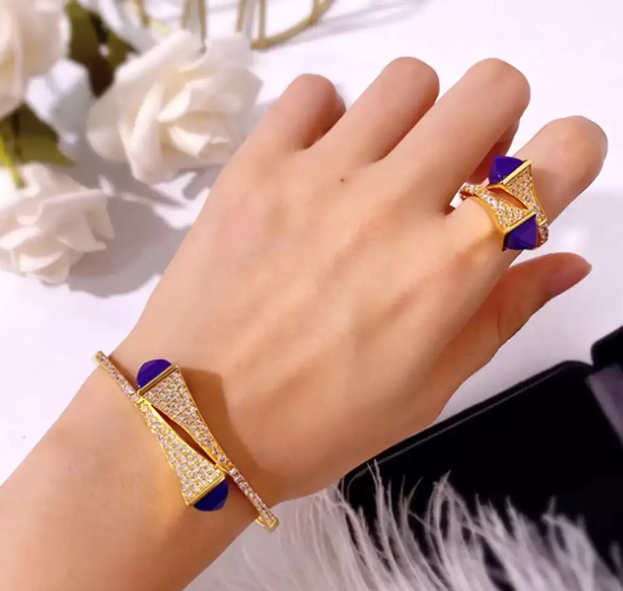 Colorful Stone Gold Open Cuff Bangle Ring Jewelry Set