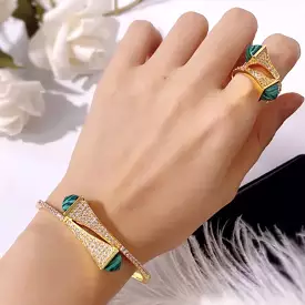 Colorful Stone Gold Open Cuff Bangle Ring Jewelry Set