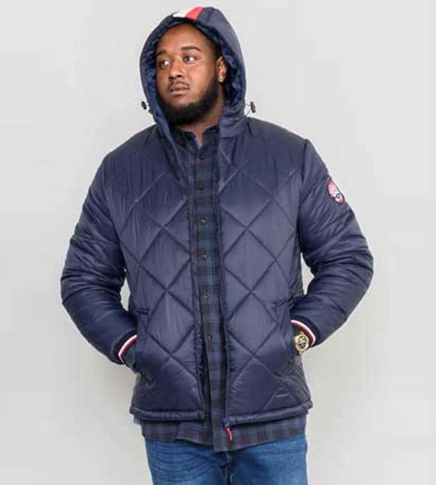 D555 Big Mens Diamond Quilted Puffer Jacket Hood Ribbed Cuffs Angus