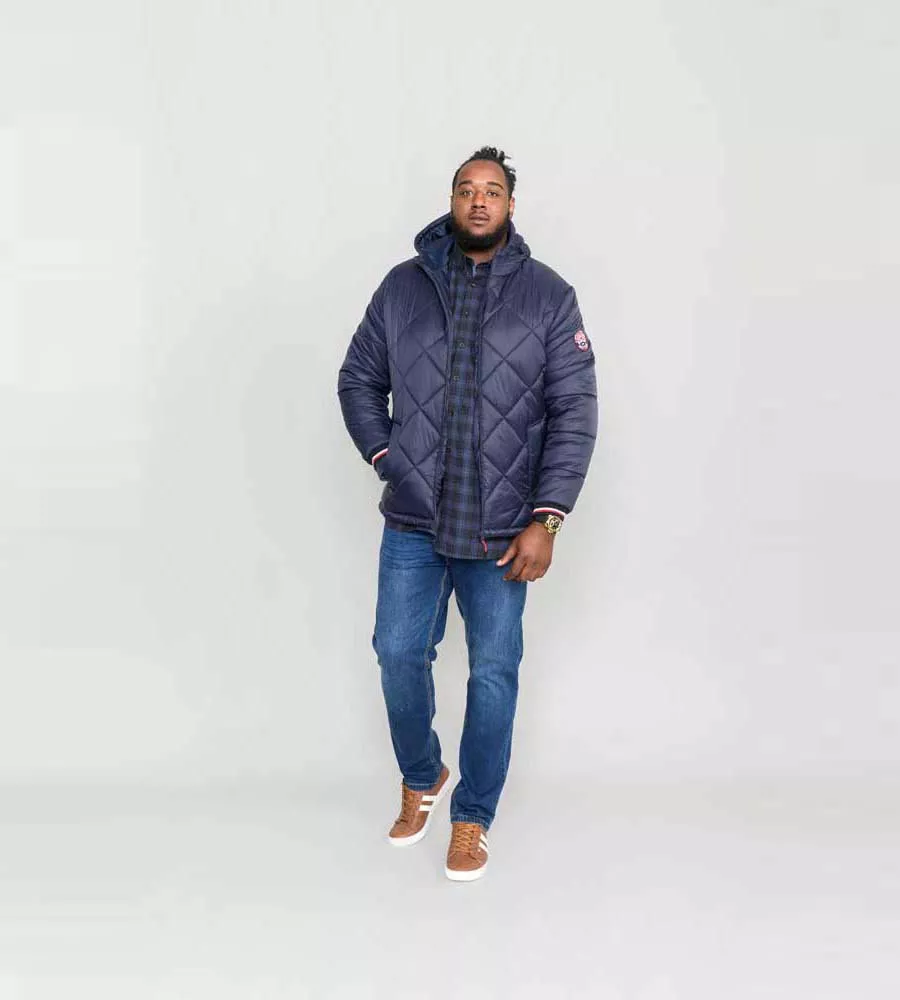 D555 Big Mens Diamond Quilted Puffer Jacket Hood Ribbed Cuffs Angus