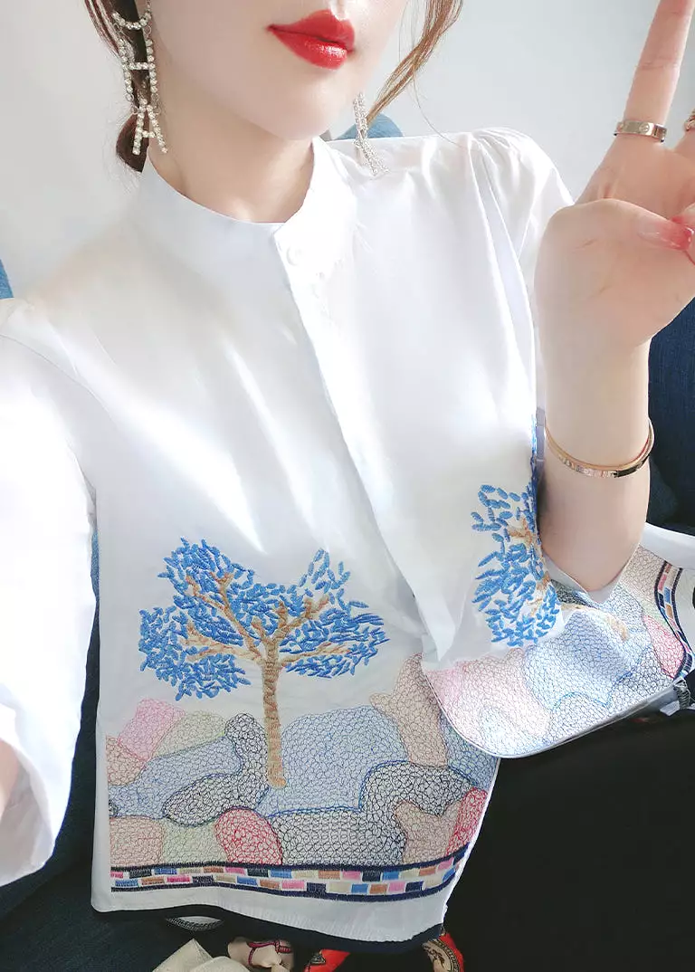 French embroidered button cotton shirts bracelet sleeve QA1037.