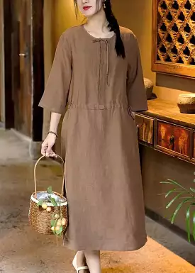 French Linen Dresses with Caramel Pockets and Bracelet Sleeves (CG1043)