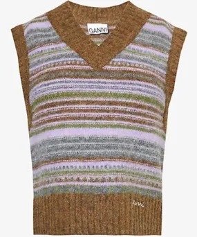 Ganni Women's Military Olive Stripe Brushed-Knit Alpaca and Merino-Wool Blend Vest