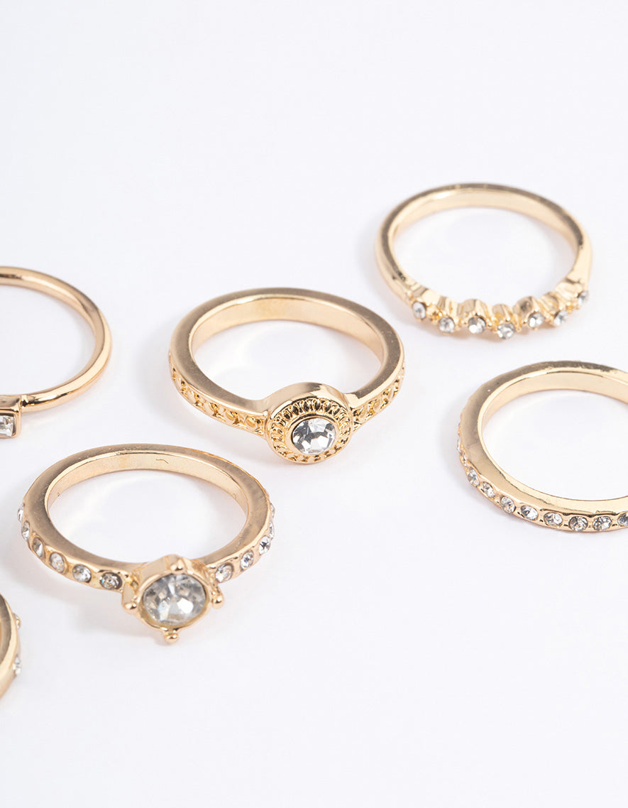 Gold Crystal Halo Diamante Ring Pack of 8