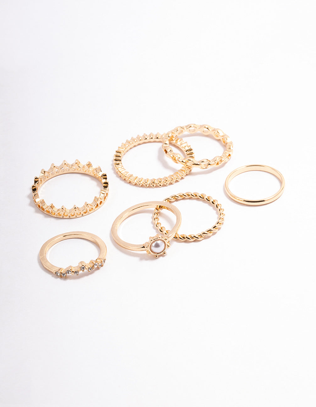 Gold Diamante Pearl Crown Ring Pack