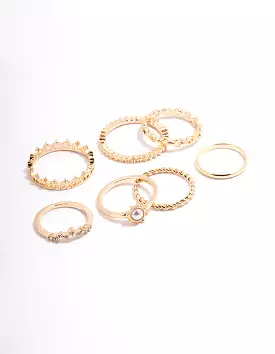 Gold Diamante Pearl Crown Ring Pack