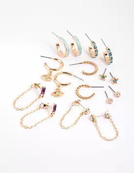 Gold Enamel Earring Set with 8 Studs and Hoops - Buy Now