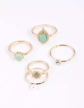 Gold Oval Ring Set of 5 with Ornate Designs