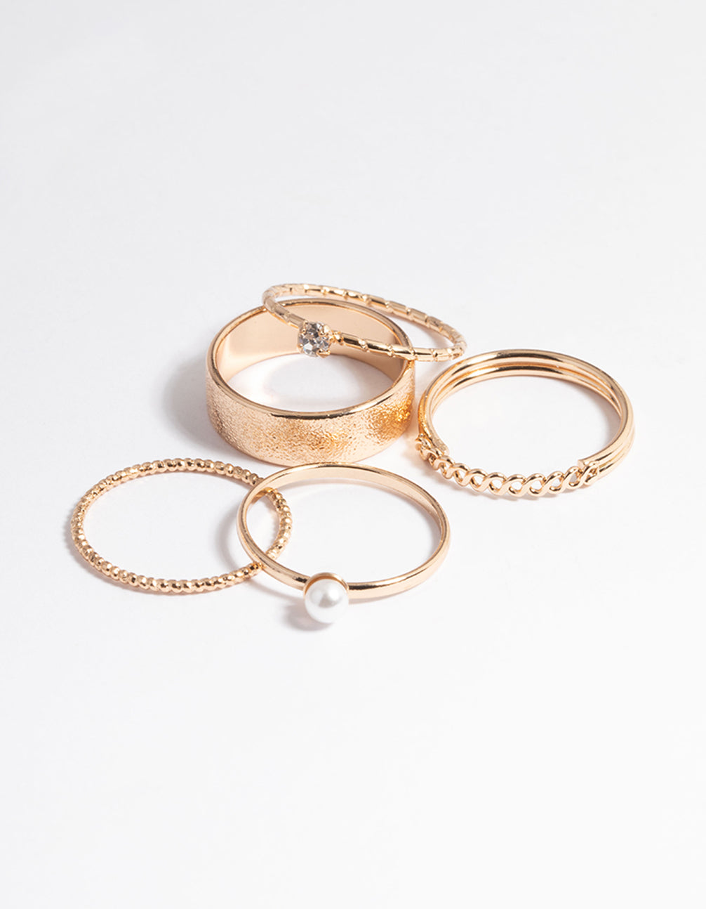 Gold Pearl & Diamante Ring Set - 5 Rings