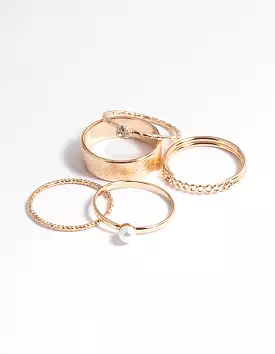 Gold Pearl & Diamante Ring Set - 5 Rings