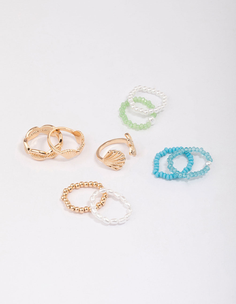 Gold Seashell Beaded Ring Set of 9