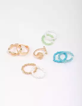 Gold Seashell Beaded Ring Set of 9