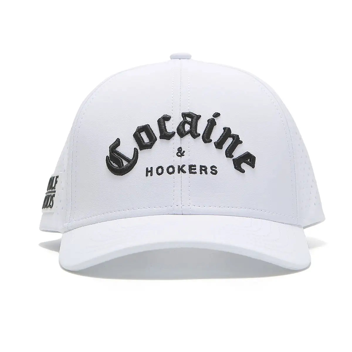 Golf Hat with Curved Brim - TOUR PRO White Hat with Cocaine & Hookers Design