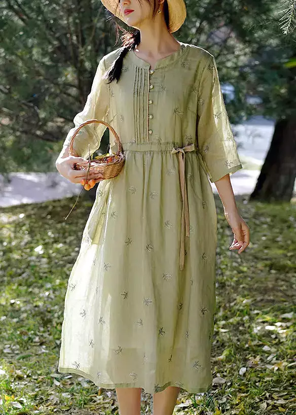 Green Linen Dresses, Tie Waist, O-Neck, Bracelet Sleeve - CG1002