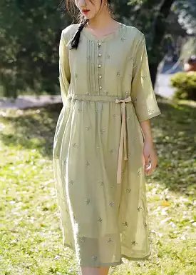 Green Linen Dresses, Tie Waist, O-Neck, Bracelet Sleeve - CG1002