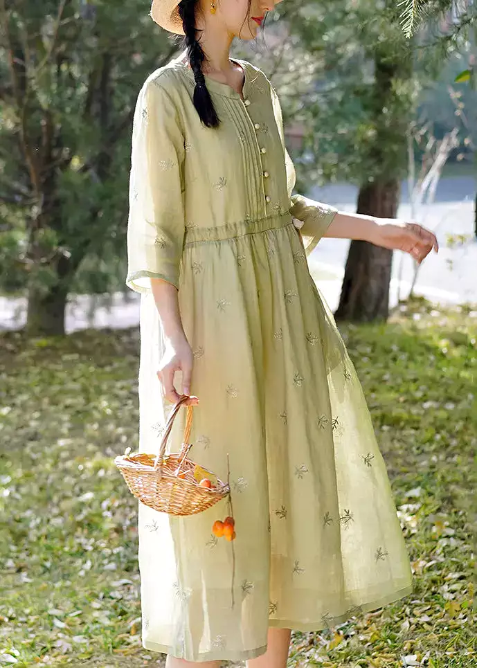 Green Linen Dresses, Tie Waist, O-Neck, Bracelet Sleeve - CG1002