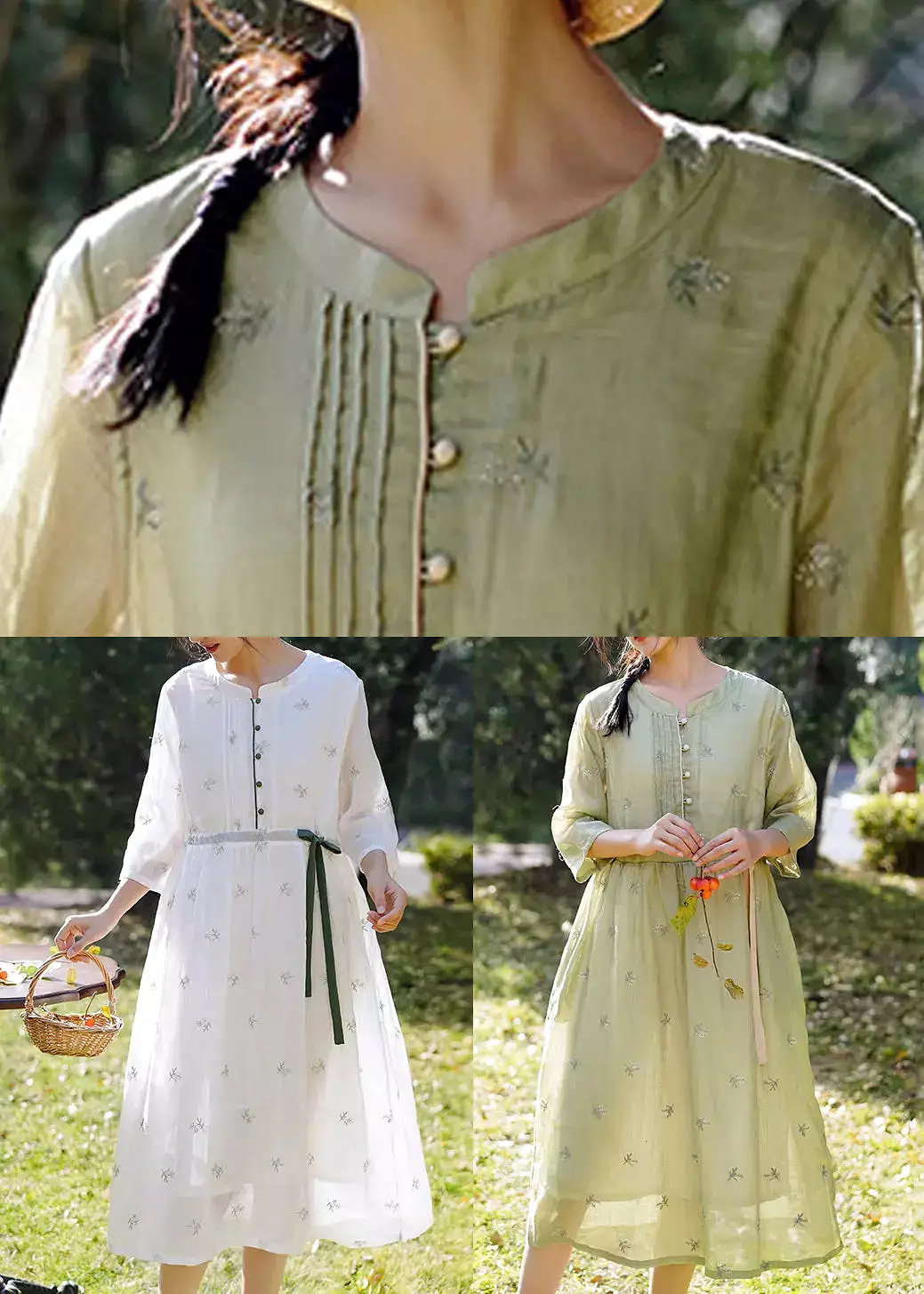 Green Linen Dresses, Tie Waist, O-Neck, Bracelet Sleeve - CG1002