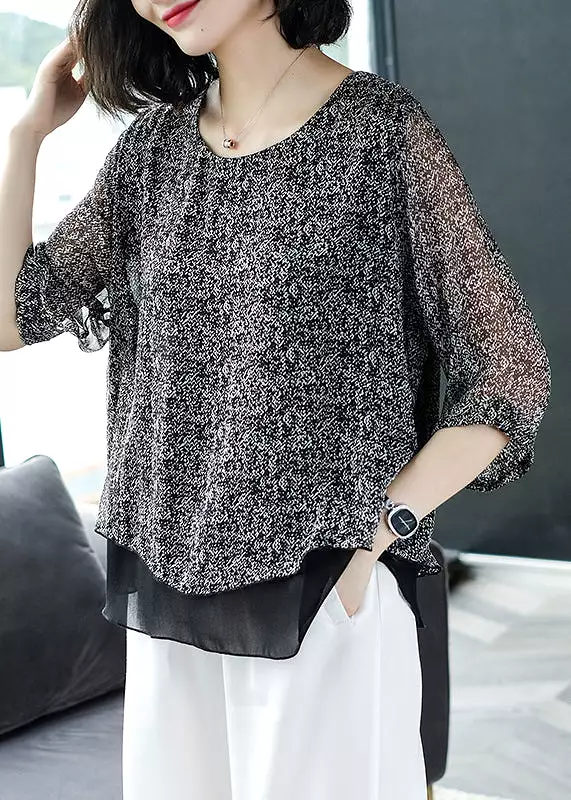 Grey Chiffon Patchwork Top with O Neck and Bracelet Sleeves - AB1007