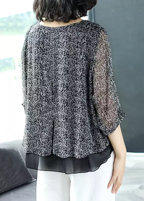 Grey Chiffon Patchwork Top with O Neck and Bracelet Sleeves - AB1007