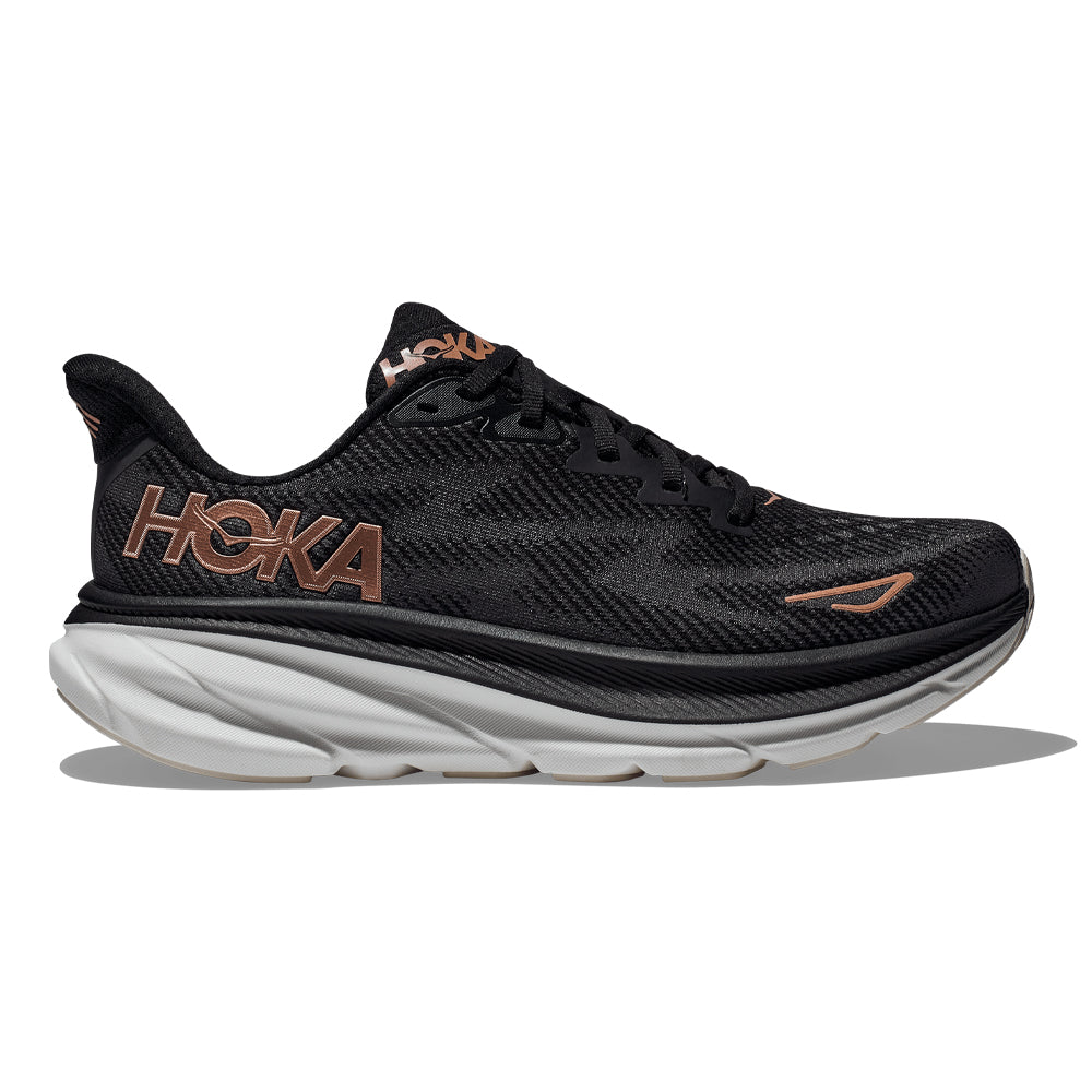 hoka one one clifton 9 women's running shoes black/rose gold size 9 medium (b)