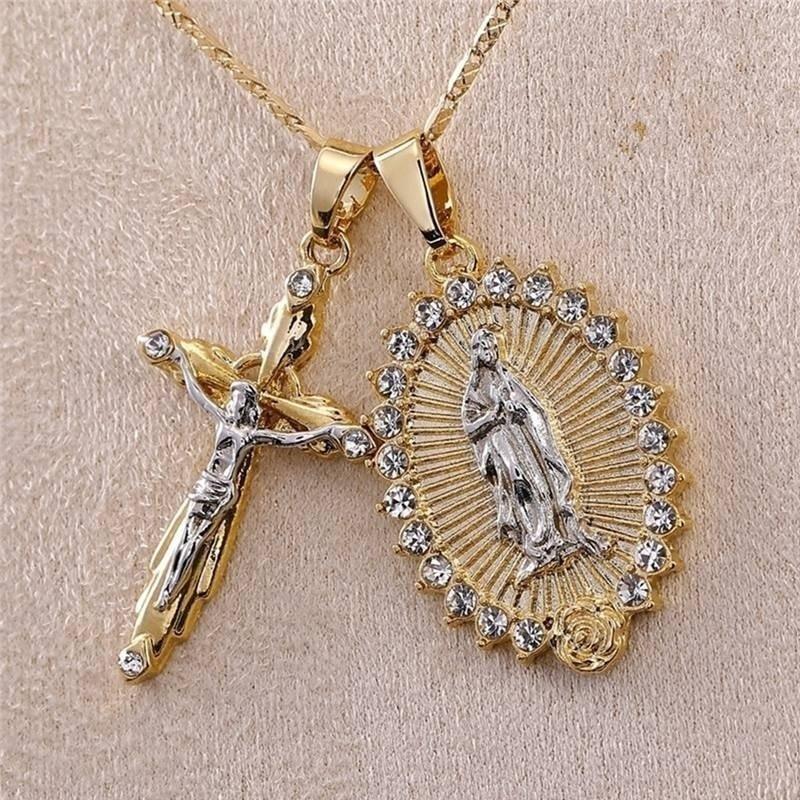 Jesus cross pendant + Virgin Mary necklace.