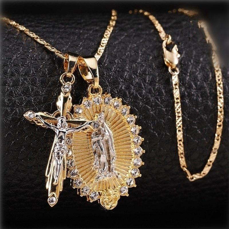 Jesus cross pendant + Virgin Mary necklace.