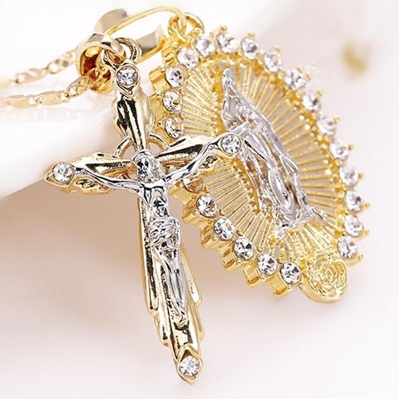 Jesus cross pendant + Virgin Mary necklace.